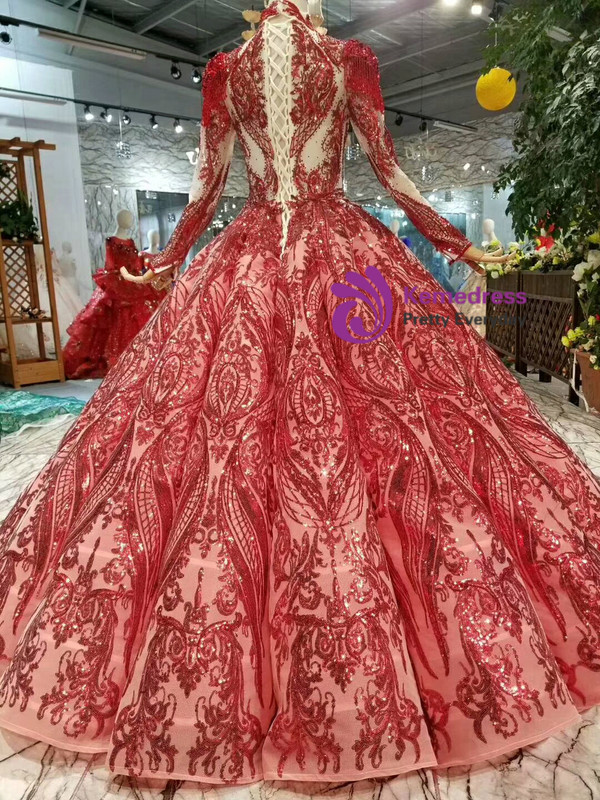 Shop 2019 Long & Short Red Ball Gown Sequins High Neck Long Sleeve Beading Wedding Dress With Removable Shoulder Ornament With Factory Price From Kemedress