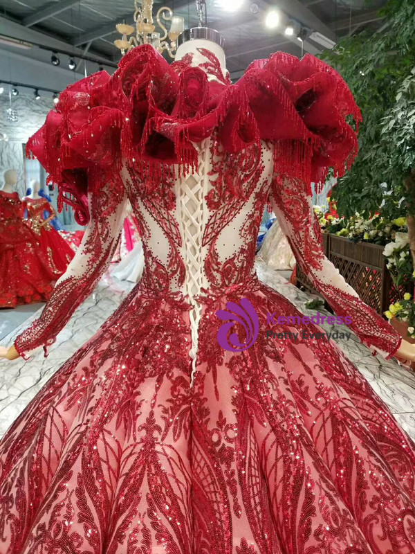 Shop 2019 Long & Short Red Ball Gown Sequins High Neck Long Sleeve Beading Wedding Dress With Removable Shoulder Ornament With Factory Price From Kemedress