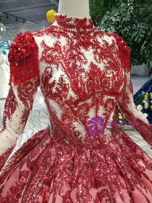 Shop 2019 Long & Short Red Ball Gown Sequins High Neck Long Sleeve Beading Wedding Dress With Removable Shoulder Ornament With Factory Price From Kemedress