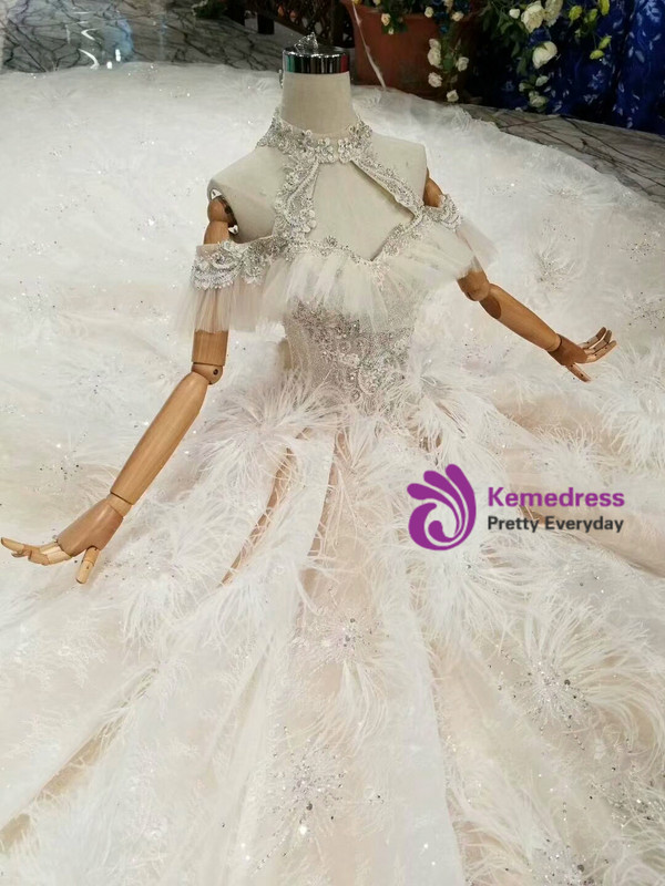 Shop 2019 Long & Short Champagne Ball Gown Tulle Sequins Halter Backless Wedding Dress With Feather With Factory Price From Kemedress