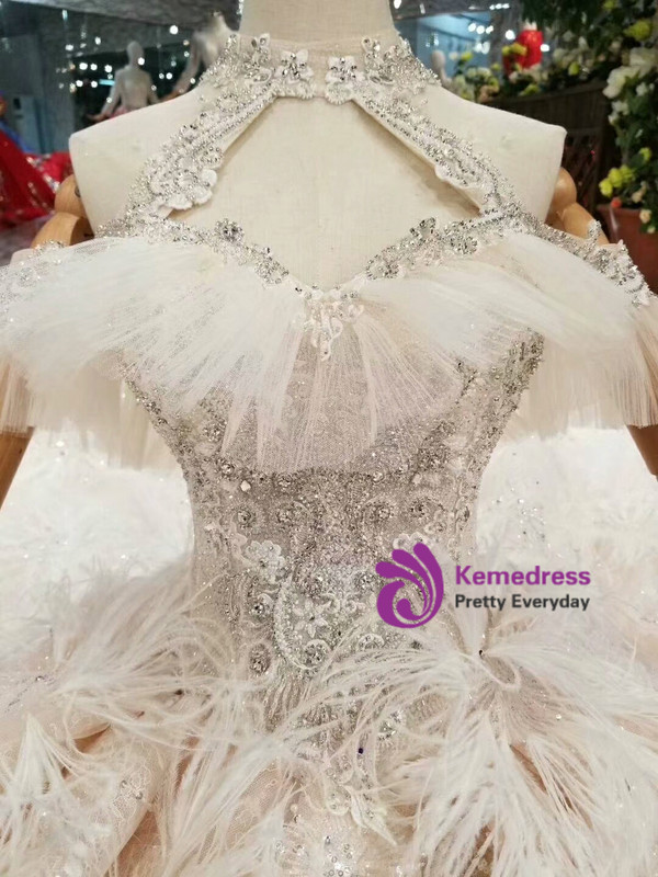 Shop 2019 Long & Short Champagne Ball Gown Tulle Sequins Halter Backless Wedding Dress With Feather With Factory Price From Kemedress