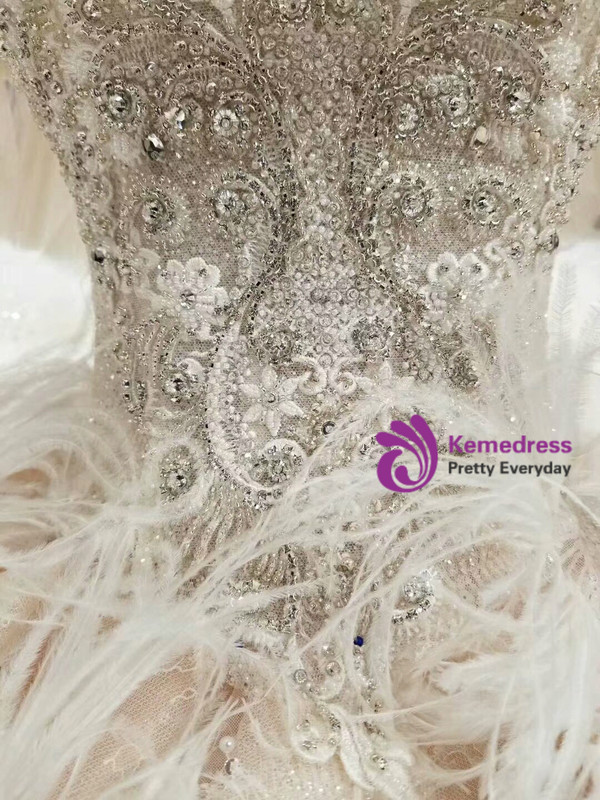 Shop 2019 Long & Short Champagne Ball Gown Tulle Sequins Halter Backless Wedding Dress With Feather With Factory Price From Kemedress