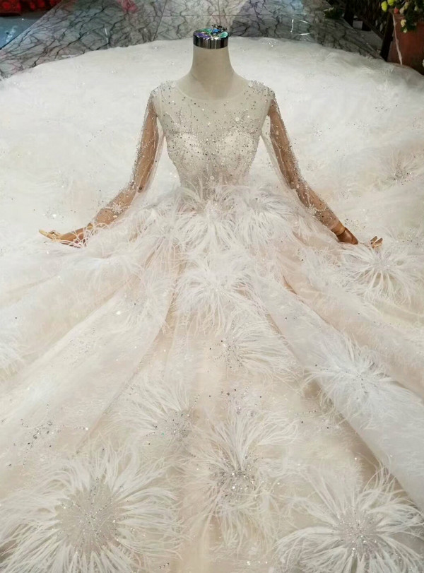 Shop 2019 Long & Short Champagne Ball Gown Tulle Sequins Long Sleeve Bateau Wedding Dress With Feather With Factory Price From Kemedress