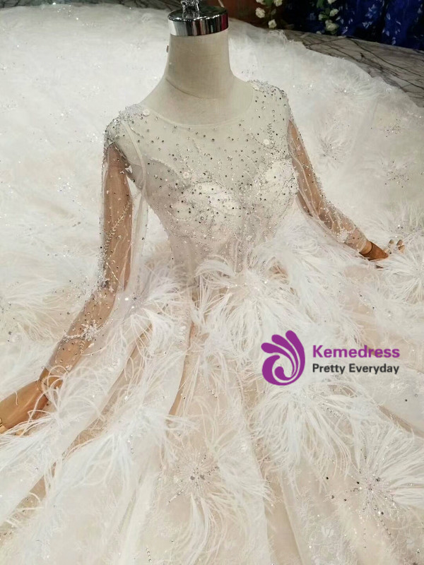 Shop 2019 Long & Short Champagne Ball Gown Tulle Sequins Long Sleeve Bateau Wedding Dress With Feather With Factory Price From Kemedress
