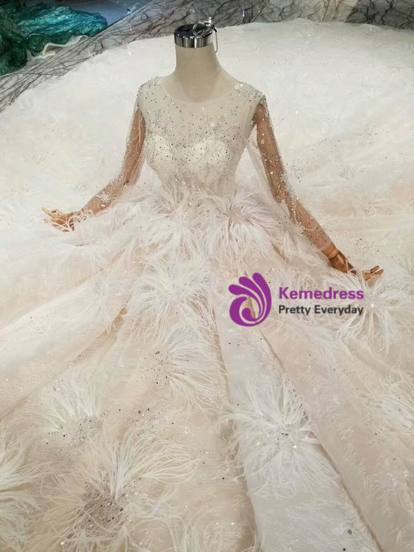 Shop 2019 Long & Short Champagne Ball Gown Tulle Sequins Long Sleeve Bateau Wedding Dress With Feather With Factory Price From Kemedress