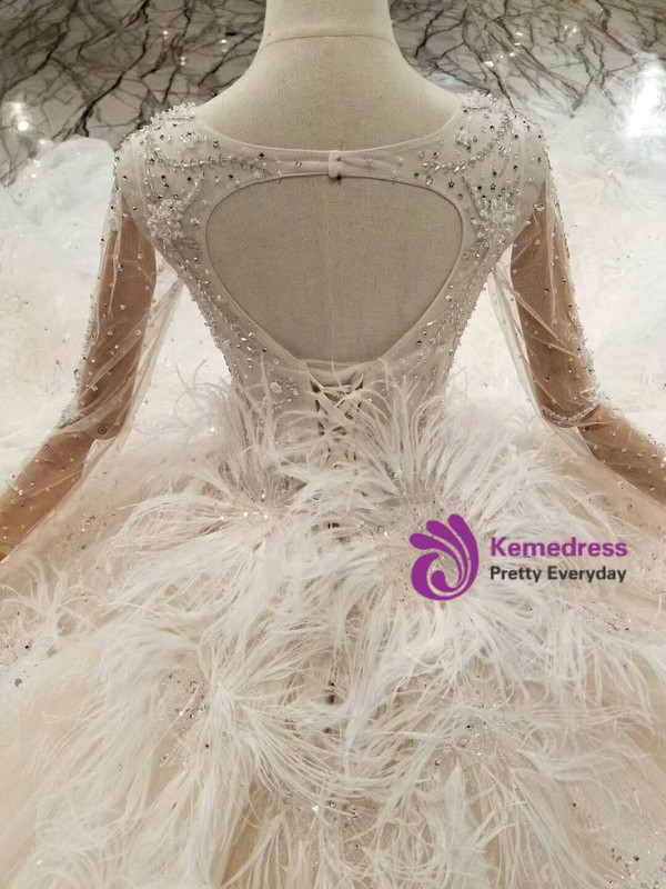 Shop 2019 Long & Short Champagne Ball Gown Tulle Sequins Long Sleeve Bateau Wedding Dress With Feather With Factory Price From Kemedress