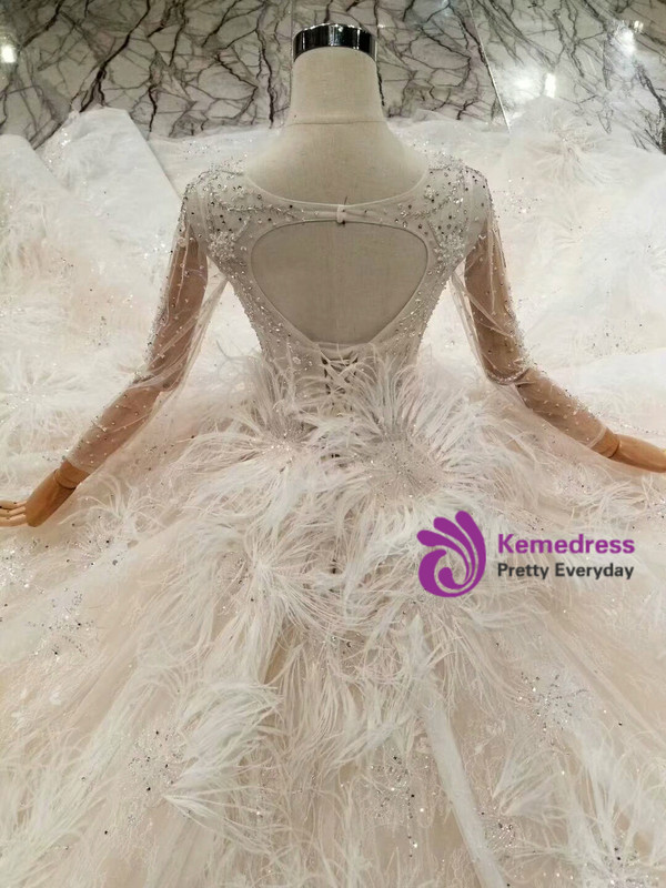 Shop 2019 Long & Short Champagne Ball Gown Tulle Sequins Long Sleeve Bateau Wedding Dress With Feather With Factory Price From Kemedress