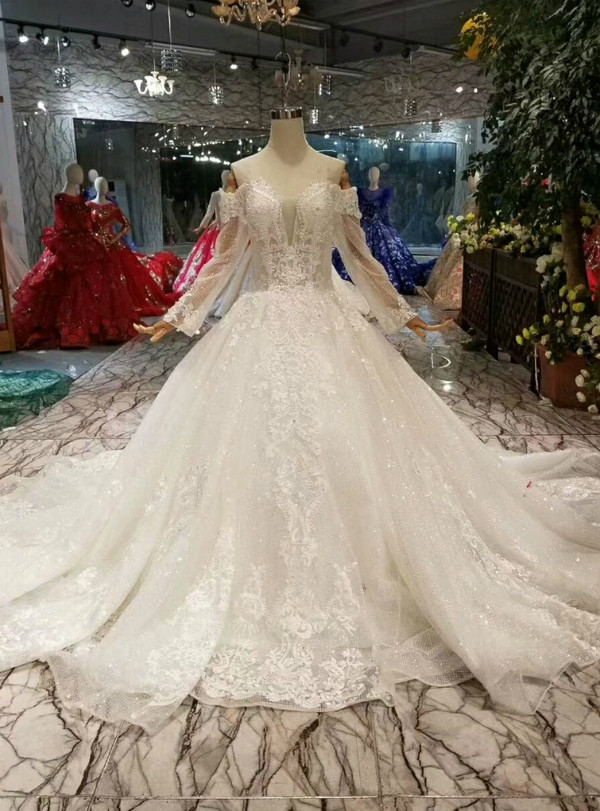 Shop 2019 Long & Short Ivory White Tulle Sequins Off the Shoulder Long Sleeve Wedding Dress With Pearls With Factory Price From Kemedress