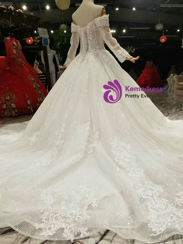 Shop 2019 Long & Short Ivory White Tulle Sequins Off the Shoulder Long Sleeve Wedding Dress With Pearls With Factory Price From Kemedress