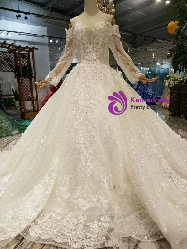 Shop 2019 Long & Short Ivory White Tulle Sequins Off the Shoulder Long Sleeve Wedding Dress With Pearls With Factory Price From Kemedress