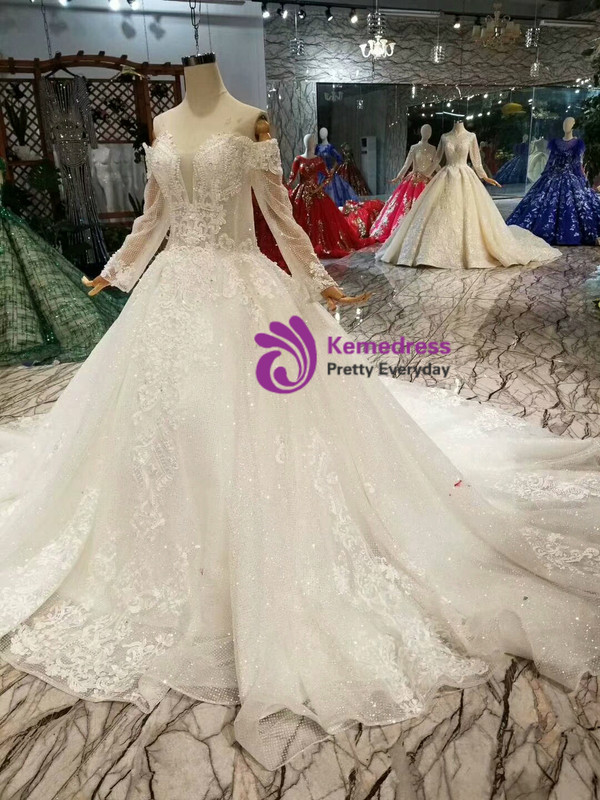 Shop 2019 Long & Short Ivory White Tulle Sequins Off the Shoulder Long Sleeve Wedding Dress With Pearls With Factory Price From Kemedress