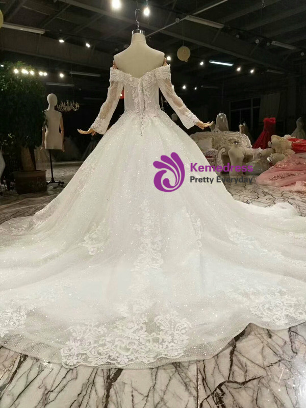 Shop 2019 Long & Short Ivory White Tulle Sequins Off the Shoulder Long Sleeve Wedding Dress With Pearls With Factory Price From Kemedress
