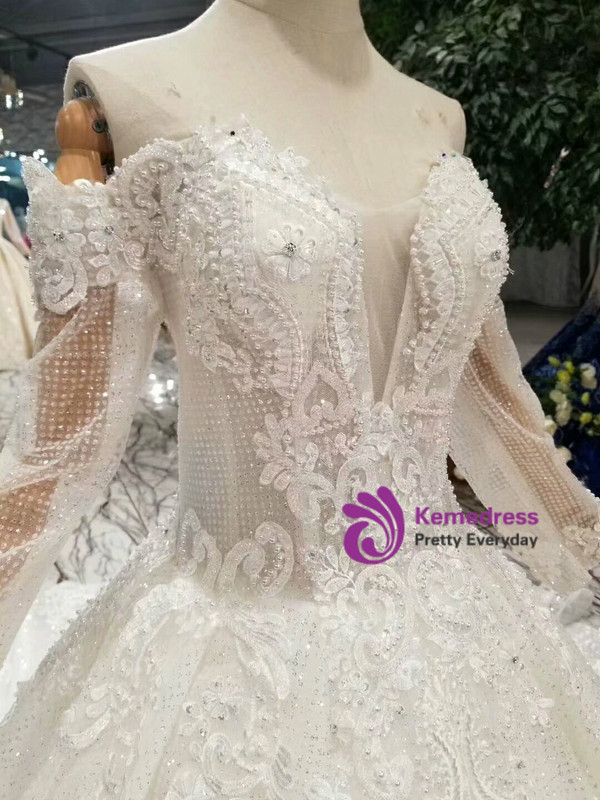 Shop 2019 Long & Short Ivory White Tulle Sequins Off the Shoulder Long Sleeve Wedding Dress With Pearls With Factory Price From Kemedress