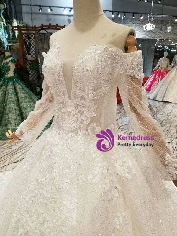 Shop 2019 Long & Short Ivory White Tulle Sequins Off the Shoulder Long Sleeve Wedding Dress With Pearls With Factory Price From Kemedress