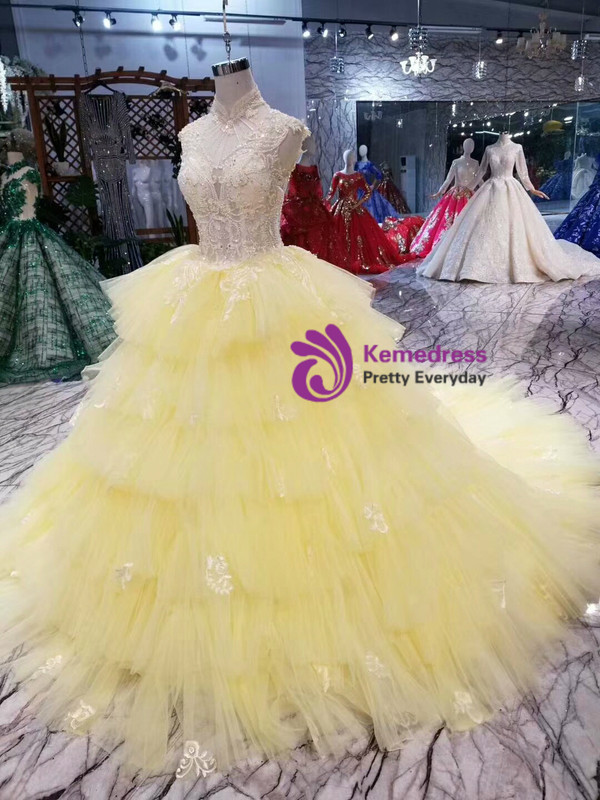 Shop 2019 Long & Short Yellow Ball Gown Tulle High Neck Backless Beaidng Wedding Dress With Train With Factory Price From Kemedress
