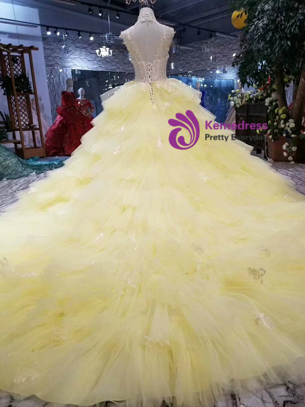 Shop 2019 Long & Short Yellow Ball Gown Tulle High Neck Backless Beaidng Wedding Dress With Train With Factory Price From Kemedress