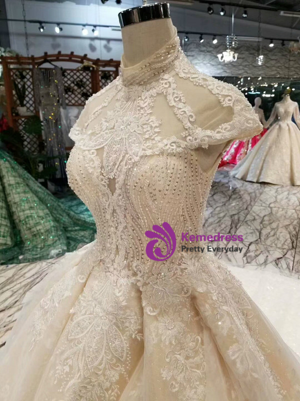 Shop 2019 Long & Short Champagne Ball Gown Tulle Lace Appliques High Neck Cap Sleeve Backless Wedding Dress With Factory Price From Kemedress