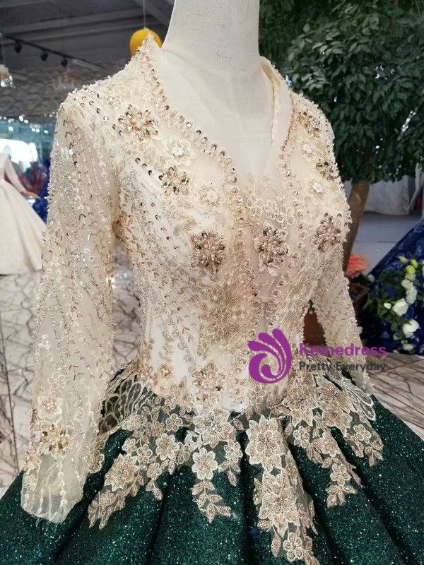 Shop 2019 Long & Short Green Ball Gown Sequins V-neck Long Sleeve Appliques Wedding Dress With Factory Price From Kemedress