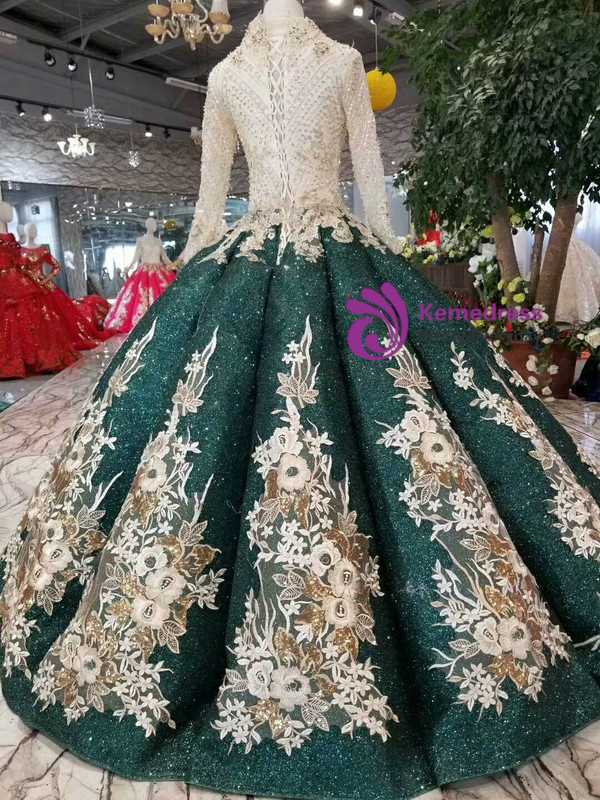 Shop 2019 Long & Short Green Ball Gown Sequins V-neck Long Sleeve Appliques Wedding Dress With Factory Price From Kemedress