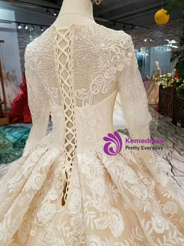 Shop 2019 Long & Short Champagne Ball Gown Lace Long Sleeve Beading Appliques Wedding Dress With Factory Price From Kemedress