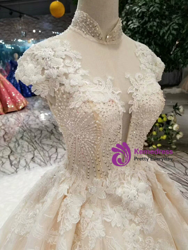 Shop 2019 Long & Short Champagne Ball Gown High Neck Cap Sleeve Backless Appliques Wedding Dress With Factory Price From Kemedress