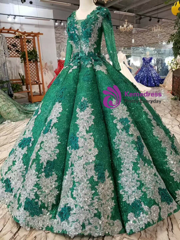Shop 2019 Long & Short Green Ball Gown Sequins See Through V-neck Long Sleeve Appliques Wedding Dress With Factory Price From Kemedress