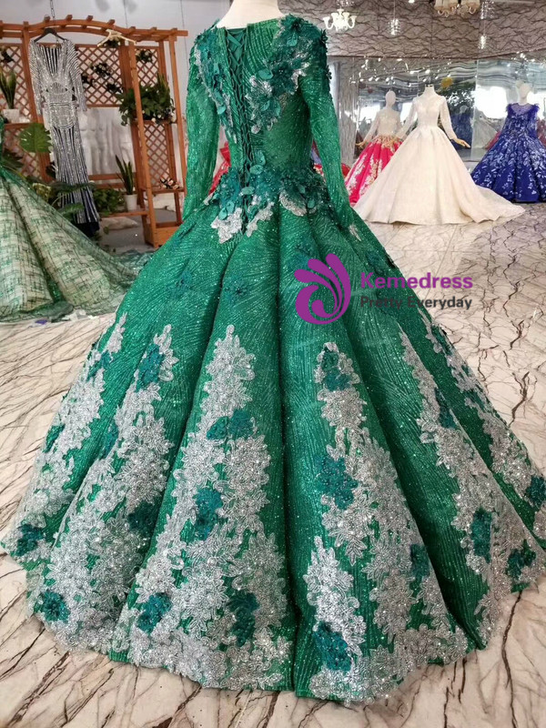 Shop 2019 Long & Short Green Ball Gown Sequins See Through V-neck Long Sleeve Appliques Wedding Dress With Factory Price From Kemedress