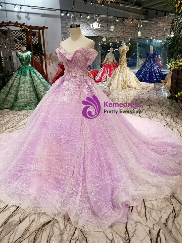 Shop 2019 Long & Short Purple Tulle Sequins Off The Shoulder Appliques Beading Wedding Dress With Train With Factory Price From Kemedress