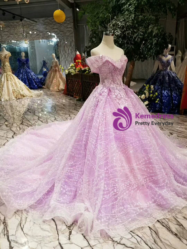 Shop 2019 Long & Short Purple Tulle Sequins Off The Shoulder Appliques Beading Wedding Dress With Train With Factory Price From Kemedress