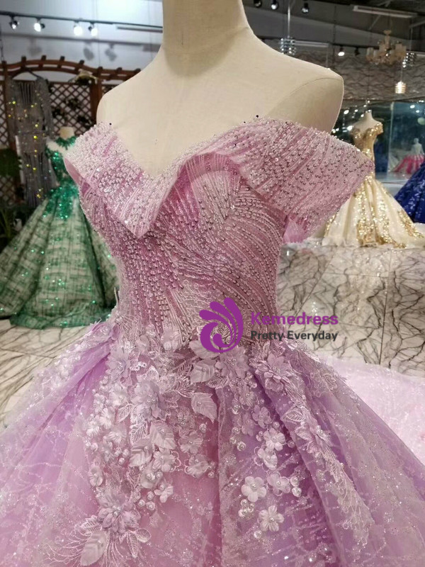Shop 2019 Long & Short Purple Tulle Sequins Off The Shoulder Appliques Beading Wedding Dress With Train With Factory Price From Kemedress