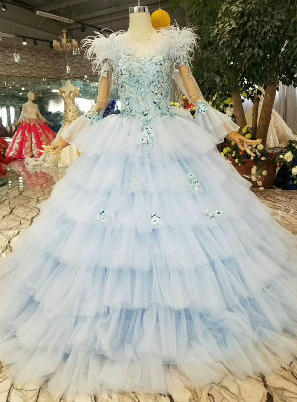 Shop 2019 Long & Short Blue Ball Gown Tulle Appliques Long Sleeve Wedding Dress With Feather With Factory Price From Kemedress