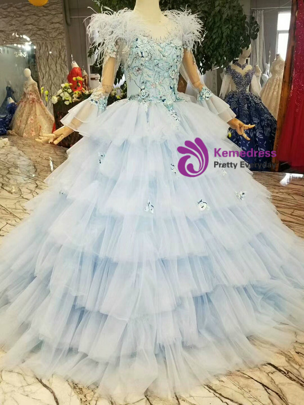 Shop 2019 Long & Short Blue Ball Gown Tulle Appliques Long Sleeve Wedding Dress With Feather With Factory Price From Kemedress