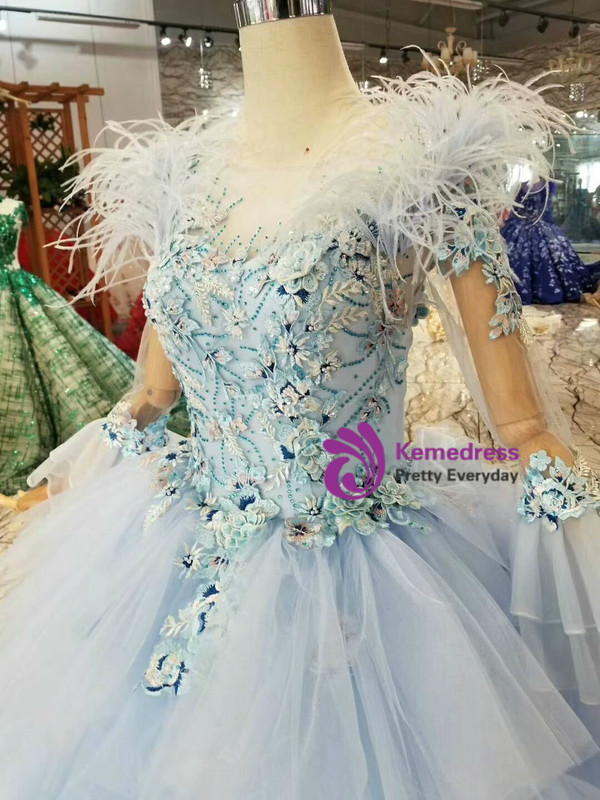 Shop 2019 Long & Short Blue Ball Gown Tulle Appliques Long Sleeve Wedding Dress With Feather With Factory Price From Kemedress