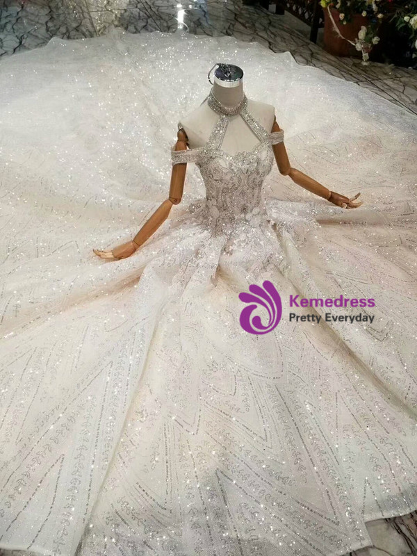 Shop 2019 Long & Short Chamapagne Ball Gown Tulle Halter Sequins Beading Wedding Dress With Train With Factory Price From Kemedress