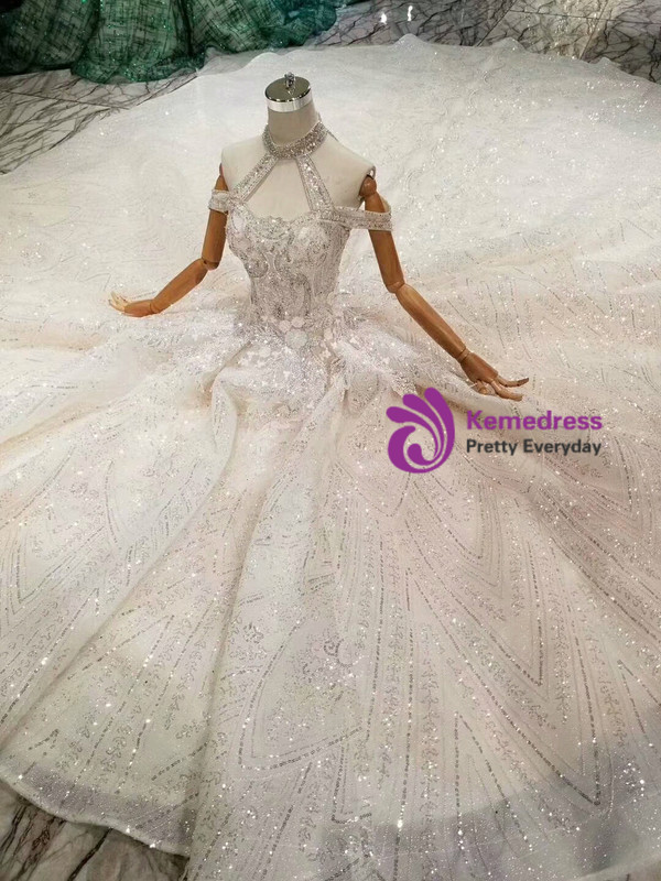 Shop 2019 Long & Short Chamapagne Ball Gown Tulle Halter Sequins Beading Wedding Dress With Train With Factory Price From Kemedress