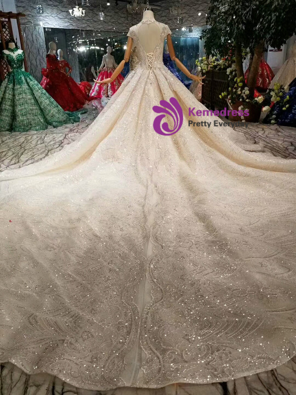 Shop 2019 Long & Short Champagne Ball Gown Sequins Tulle Cap Sleeve Backless Wedding Dress With Train With Factory Price From Kemedress