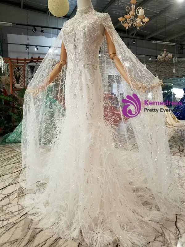 Shop 2019 Long & Short Sheath Tulle Sequins High Neck Backless Beading Crystal Wedding Dress With Train With Factory Price From Kemedress