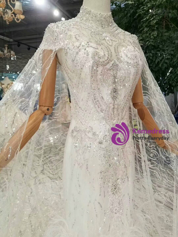 Shop 2019 Long & Short Sheath Tulle Sequins High Neck Backless Beading Crystal Wedding Dress With Train With Factory Price From Kemedress