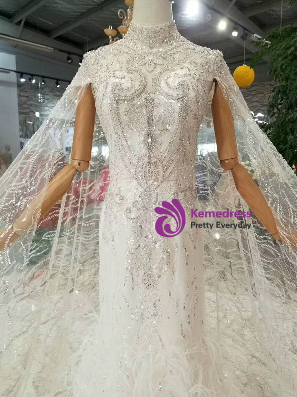 Shop 2019 Long & Short Sheath Tulle Sequins High Neck Backless Beading Crystal Wedding Dress With Train With Factory Price From Kemedress
