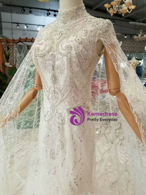 Shop 2019 Long & Short Sheath Tulle Sequins High Neck Backless Beading Crystal Wedding Dress With Train With Factory Price From Kemedress
