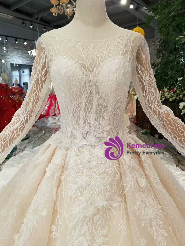 Shop 2019 Long & Short Champagne Ball Gown Tulle Long Sleeve Backless Appliques Wedding Dress With Removable Train With Factory Price From Kemedress