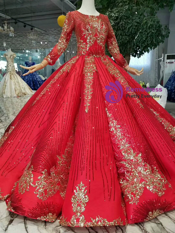 Shop 2019 Long & Short Red Ball Gown Sequins Long Sleeve Wedding Dress With Beading  With Factory Price From Kemedress