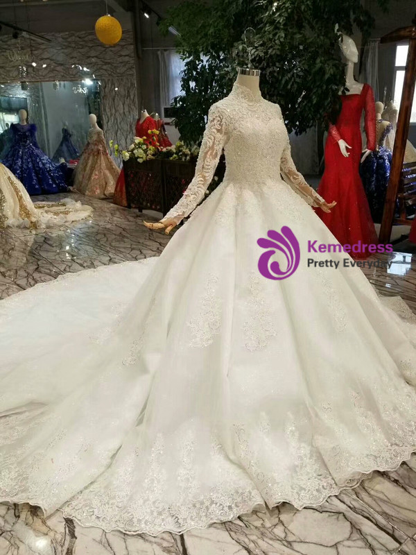 Shop 2019 Long & Short Ball Gown Tulle Appliques High Neck Long Sleeve Wedding Dress With Train With Factory Price From Kemedress