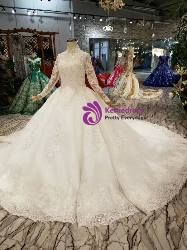 Shop 2019 Long & Short Ball Gown Tulle Appliques High Neck Long Sleeve Wedding Dress With Train With Factory Price From Kemedress
