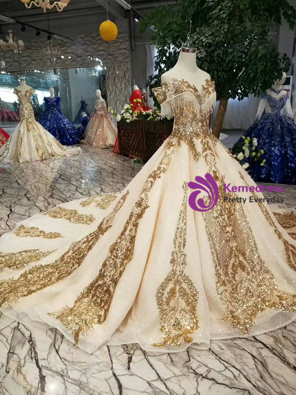 Shop 2019 Long & Short Champagne Ball Gown Tulle Sequins Gold Sequins Appliques Off The Shoulder Wedding Dress With Factory Price From Kemedress
