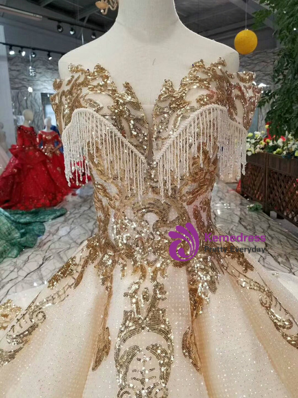 Shop 2019 Long & Short Champagne Ball Gown Tulle Sequins Gold Sequins Appliques Off The Shoulder Wedding Dress With Factory Price From Kemedress