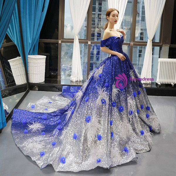 Shop 2019 Long & Short Blue And White Sequins Off The Shoulder Backless Appliques Haute Couture Prom Dress With Factory Price From Kemedress