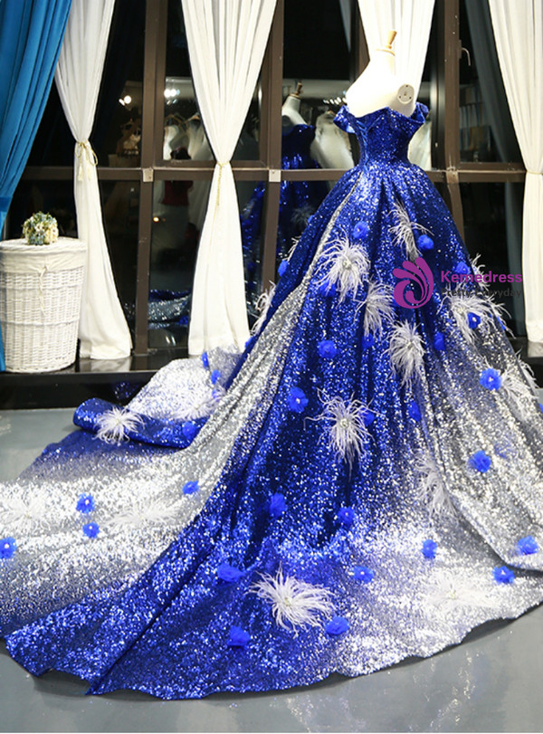 Shop 2019 Long & Short Blue And White Sequins Off The Shoulder Backless Appliques Haute Couture Prom Dress With Factory Price From Kemedress