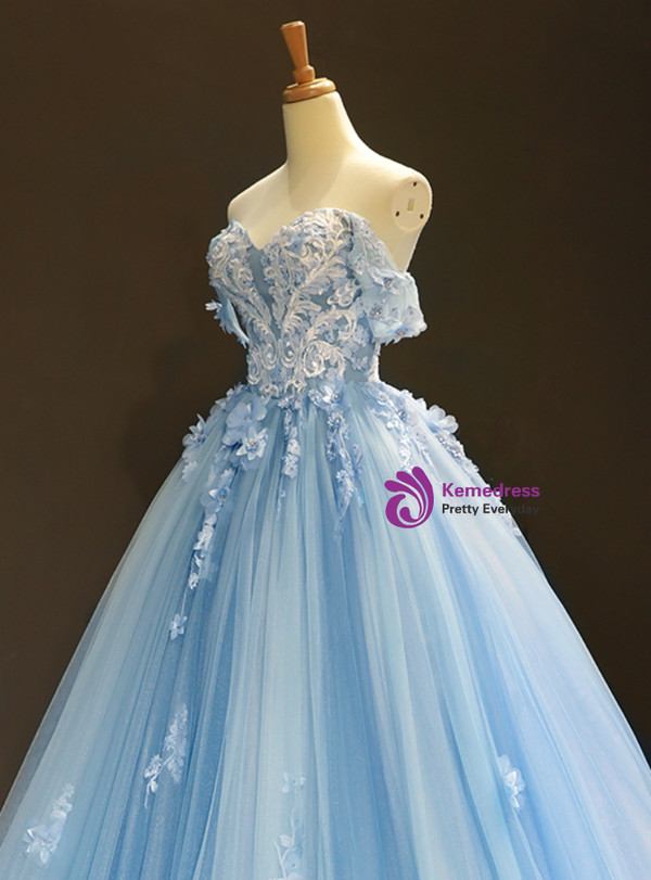 Shop 2019 Long & Short Blue Ball Gown Tulle Appliques Off The Shoulder Backless Sweet 16 Prom Dresses With Factory Price From Kemedress