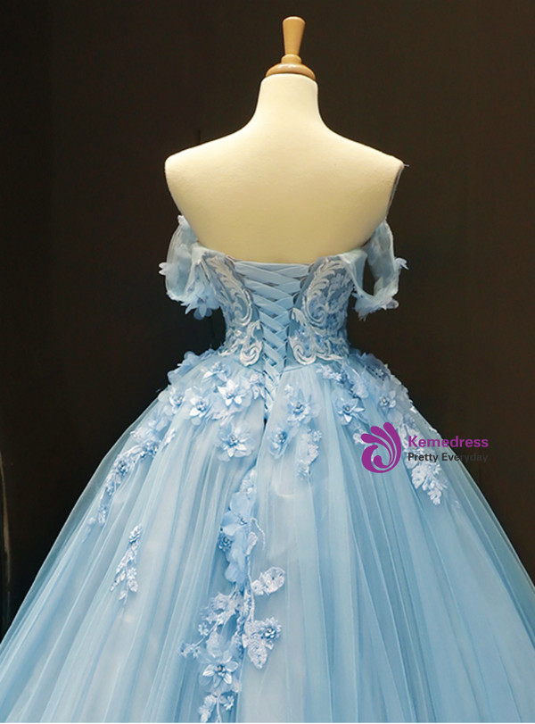 Shop 2019 Long & Short Blue Ball Gown Tulle Appliques Off The Shoulder Backless Sweet 16 Prom Dresses With Factory Price From Kemedress